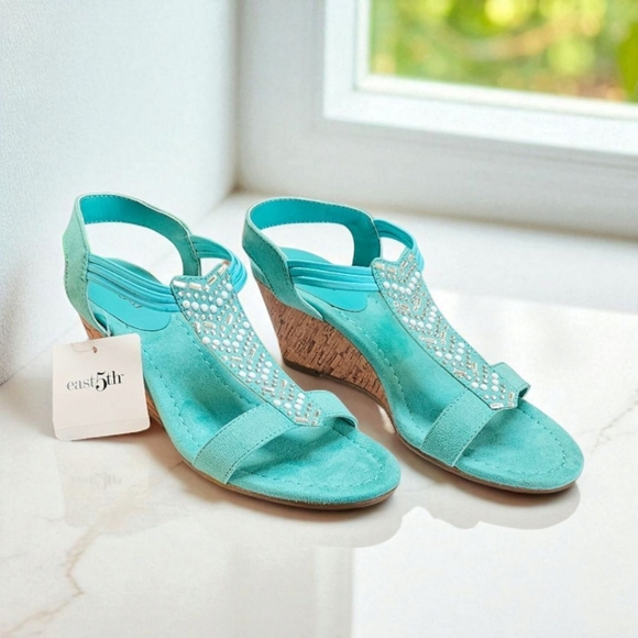 EAST 5TH Women's Turquoise Wedge Sparkle Rhinestone High Heel Sandal NIB Size 5M - Picture 1 of 16